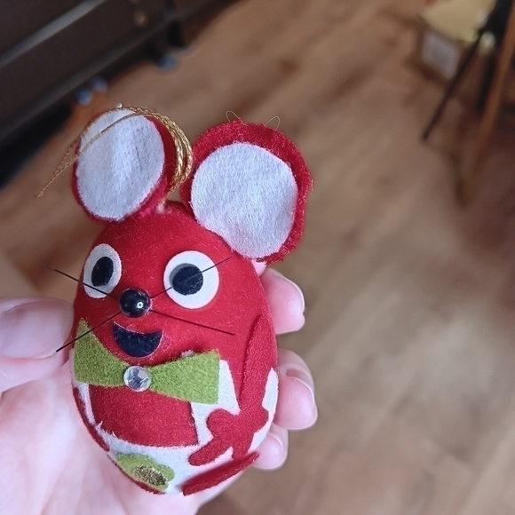 Vintage Japan Christmas Ornament Mouse Flocked egg felt RHINESTONE red LABELED - Picture 4 of 12